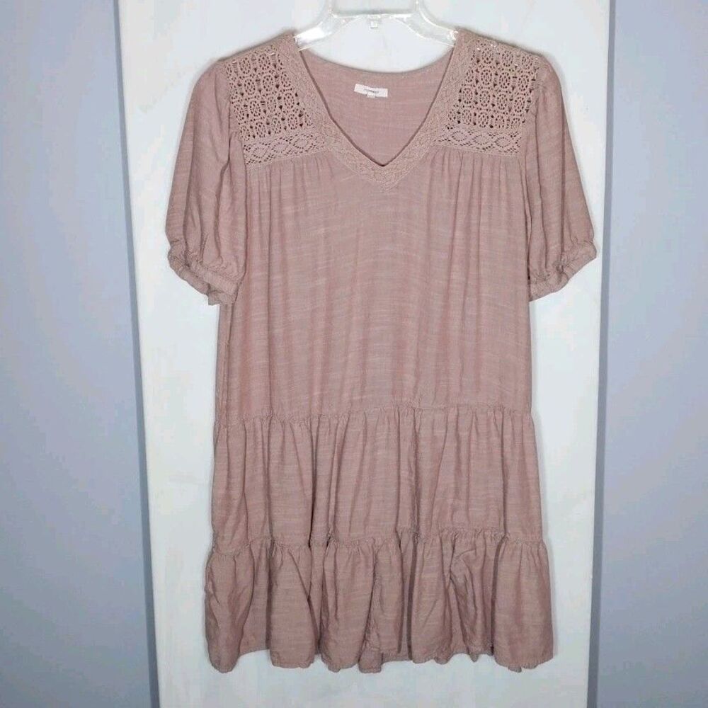 Maurices Blush Crochet Yoke Mini Dress L Boho Tiered Short Puff Sleeve Rayon